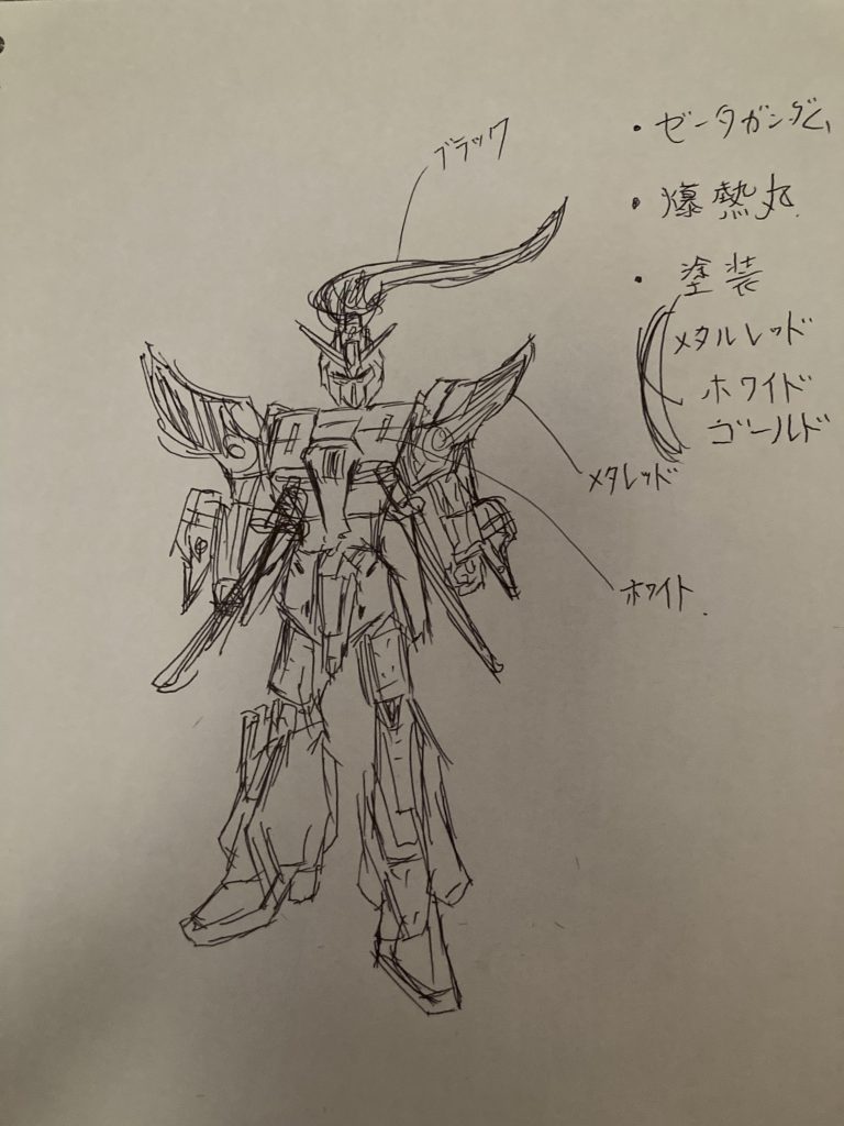 設計図（手描き）「こんなふうに作りたいなぁ」と頭の中でイメージしながらイラストにしてみました。※最初はメタリックレッド塗装で仕上げるつもりでしたが、ピンクのほうが可愛くて良いかなと思い変更しました！