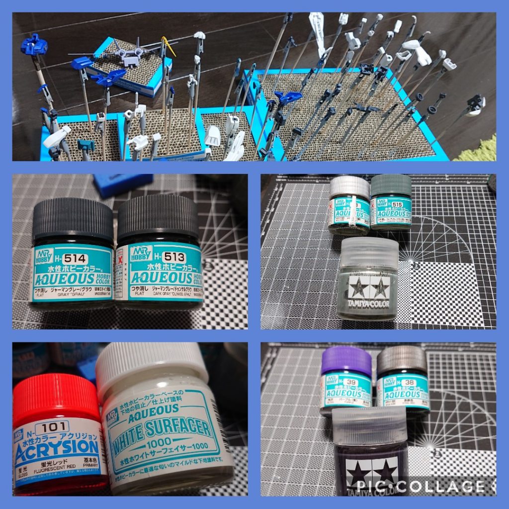 塗装は基本カラーをジャーマングレー3種類で塗り分け、一部シルバーを足してギラッとさせてみました。差し色はアクリジョンの蛍光レッドです。下地のサフは水性サフのホワイトを筆塗りしました。水性サフ下地にアクリジョン上塗りはOKと公式にも載ってたのでチャレンジしてみましたが問題なく濡れました🙋バックのウイング部分は赤鉄色とパープルを混ぜた色です。これは今後も使えそうな色だなあと思っています😌