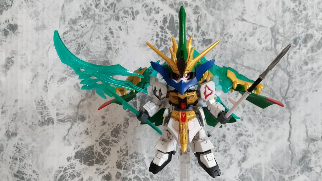 風よ吹け!我が翼に宿れ!(パッケージの文章から引用)迅風頑駄無のモチーフが武者摩亜屈と武者仁宇という事でこの武聖関羽雲長νガンダムと相性が良いと思い購入改造プランを考え、失敗もしましたが見事にベストマッチしました!