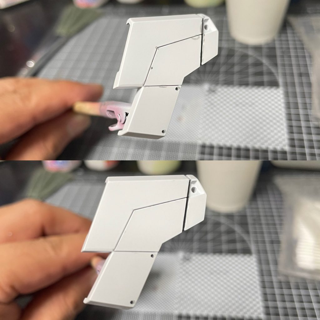 普段エナメルでスミイレしてますが今回は水性で。割とすいーっと流れてくれて調子よかったです。マジックリンで拭き取りしますがエナメルより残らない印象。下地も頑張ったからかな?