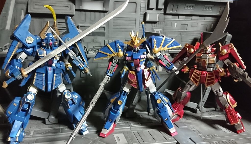 狂四郎系武者ガンダム３体ならべて　武者（リバイブマークⅡベース）武者マークⅡ（リバイブＺベース）