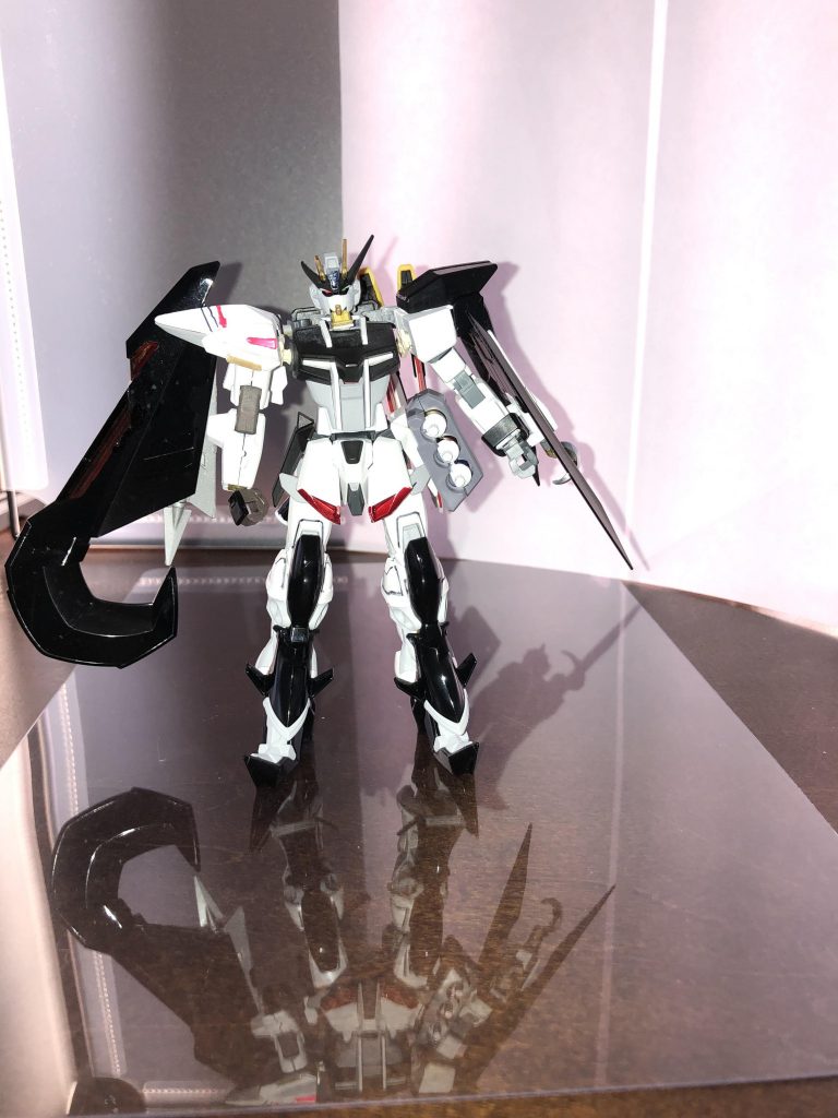 ボディと腰周りがストライク、右腕と右羽、両足がアストレイ天ミナ左腕をダークハウンドバックパックをフェニーチェで構成されている