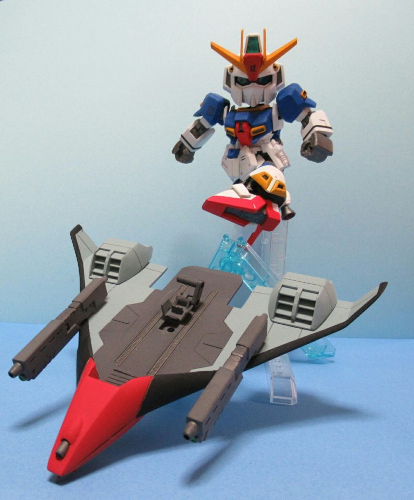 対アモンドック戦で使った必殺技「ウェイブライダーキック(勝手に命名)」飛行形態で突撃しながら、切り離したシールド兼主翼を蹴飛ばして物理的に加速させて敵にぶつける!・・・という荒業です。(ここら辺が長谷川裕一先生作品っぽい)