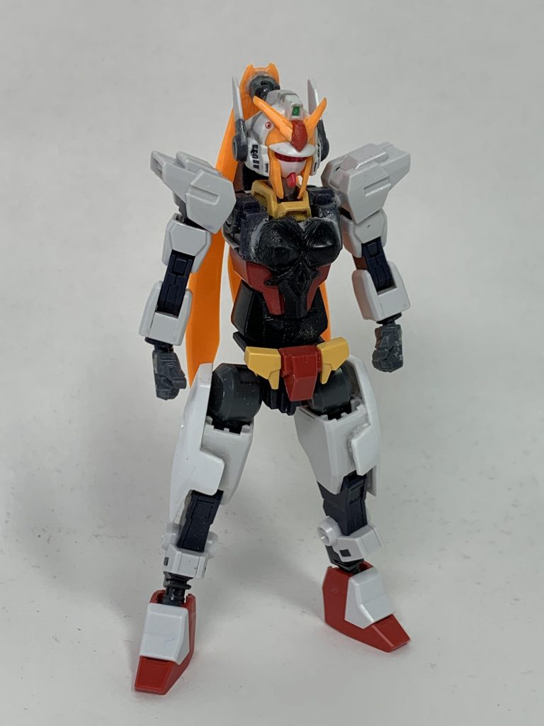 コアガンダムガール、ミキシング状態。コアガンダムⅡをベースに、腰部をAGE-2に変更して細長くアレンジ。頭部はほぼノーベルガンダムです。胸部はフィギュアライズのブラックロータスを使用しました。