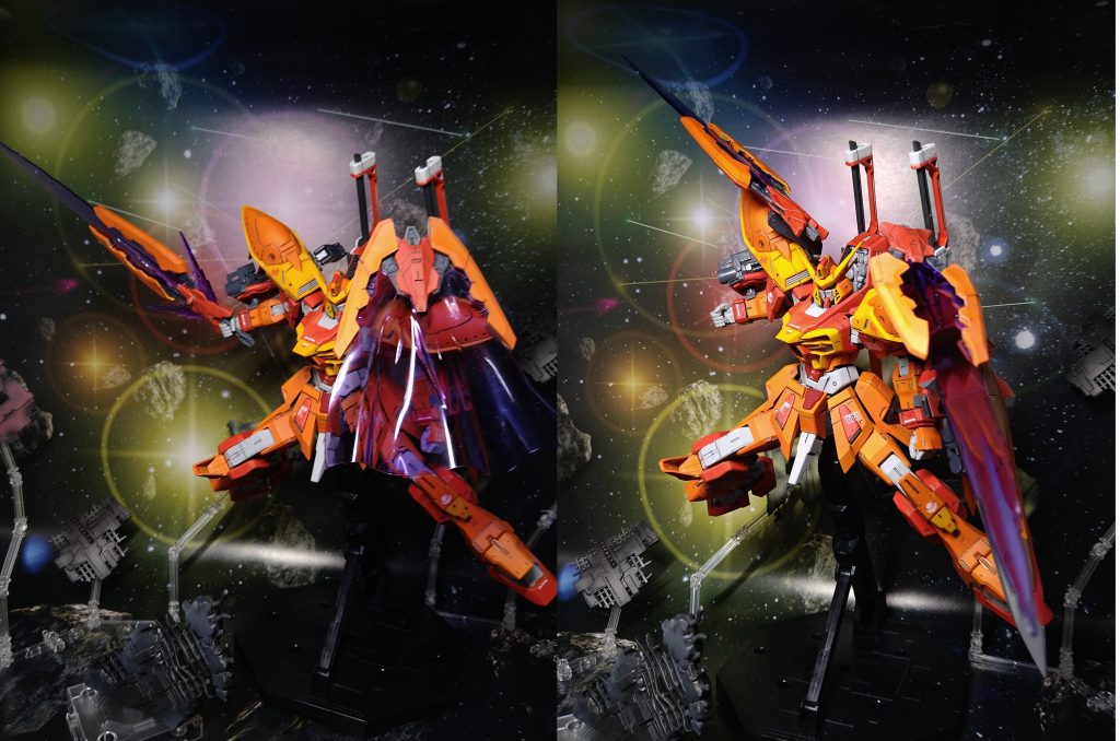 肩部背面に装備されたビームマント発生装置は取り外しビームソードとしてや、前面に回しシールドとしても使用可能。肩部に装備したままソードを発生させ、攻撃特化にも使用可能