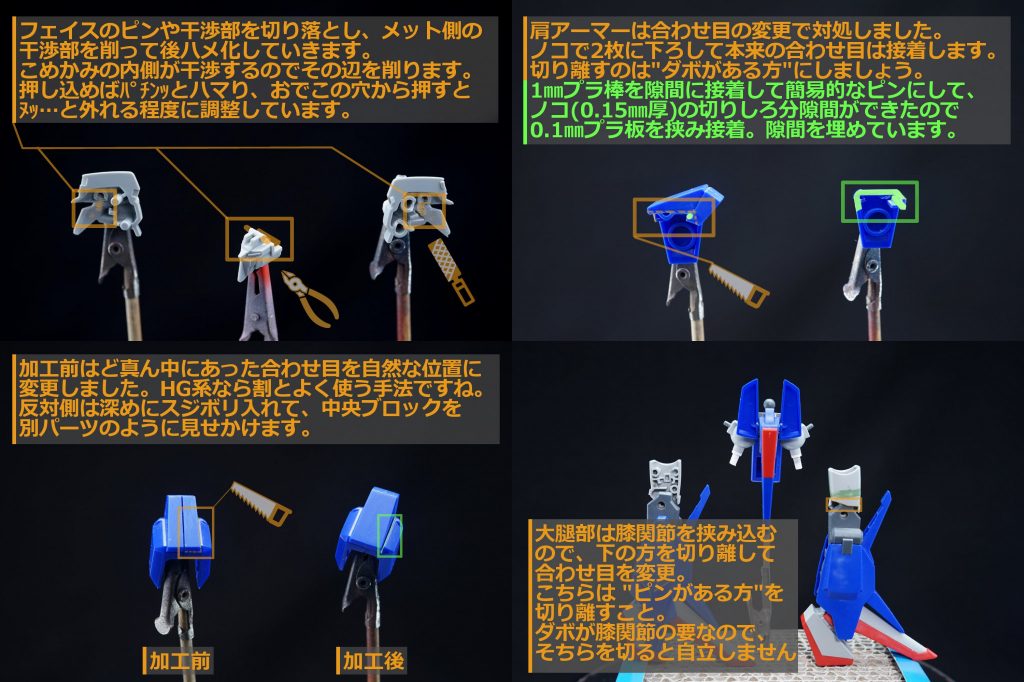 ・各部の後ハメ頭部はフェイスパーツの干渉部を切り飛ばし、メット内側のハメ込む時に接触する部分をリューターで削れば完了。肩アーマーはいつもの