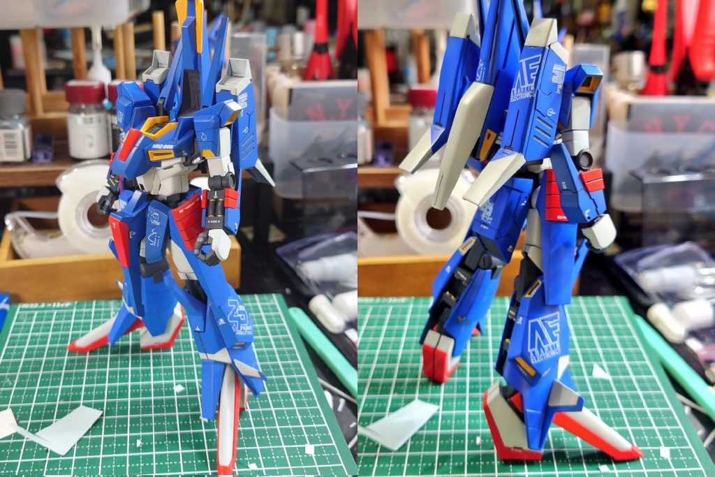 ・自作白デカール今回は大判の白デカールを使う予定だったので下準備もバッチリ!なお、仕上げの段階でミスった模様…今回作成したデカールは『AE社のロゴ』と、ゼータ計画の意での『ZP』、ZIIを小文字のギリシャ文字にした『ζⅱ』の3種を作成。貼り付け前に『マークセッター』を塗布し、白浮きしてたら『マークソフター』で軟化させて圧着。凹凸にもしっかり追従させました。