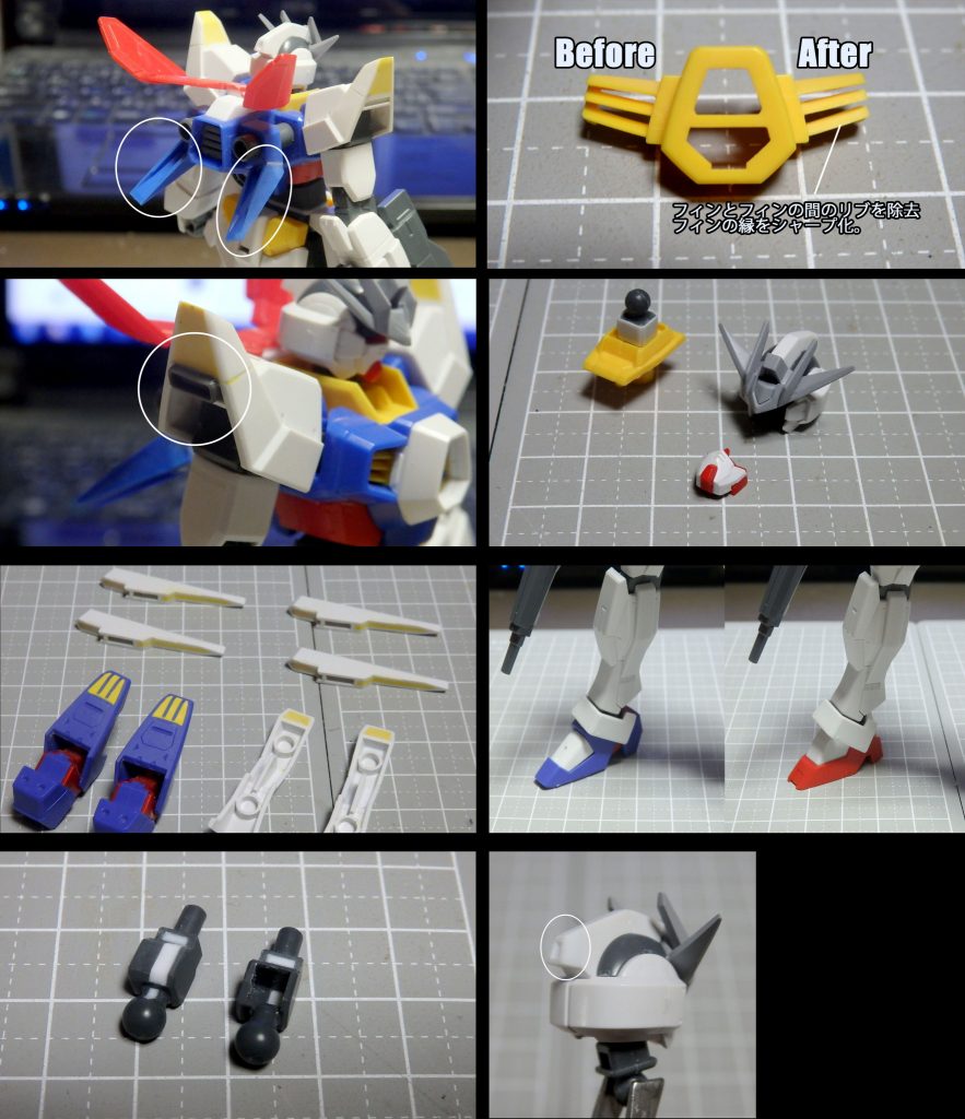 製作途中の画像をいくつかまとめて載せています。シャープ化や肉抜き穴埋めなどの基礎工作に加え、主に・各部の形状変更・プロポーションの変更・ディテールの追加などを行っています。