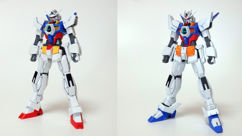 10年前のガンダムAGE放送中に作ったパチ組み部分塗装のAGE-1と今回のものとの比較画像です。 額をレッドに、足をブルーにするカラーリングはガンダムAGE-2 ノーマルの配色を参考にしています。各部形状の違いなどがよりわかりやすいかと思います。~COLORING DATA~白=クールホワイト(C)青=コバルトバイオレット(G)+色ノ源マゼンタ(C)+色ノ源シアン(C)+Ex-ホワイト(G)赤=MSレッド(C)黄=黄橙色(C)グレー=メカサフヘヴィ(G)膝部黒=ミッドナイトブルー(G)