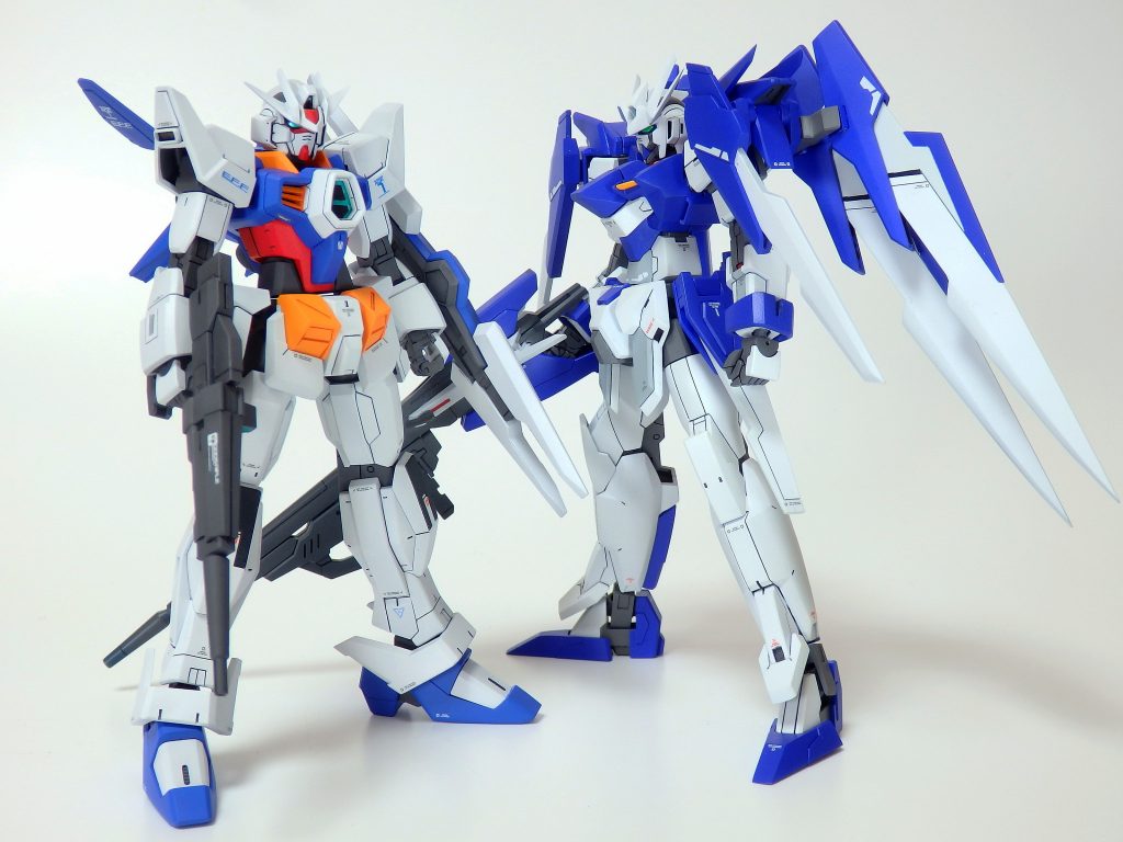 昨年製作したガンダムAGE-Ⅱ ルミナスとの2ショットです^^ ~製作秘話(?)~今回ガンダムAGE-Ⅰ アクセルという名前をつけたのはガンダムAGEが10周年を迎えるということもあり、次の新しい10年に向けてまだまだ加速してほしいという思いを込めてのネーミングになります!10周年を機にいろんなMSがガンプラ化してくれるといいですね~!MGのAGE-3とAGE-FX待ってますよ、バンダイさーん!(笑)
