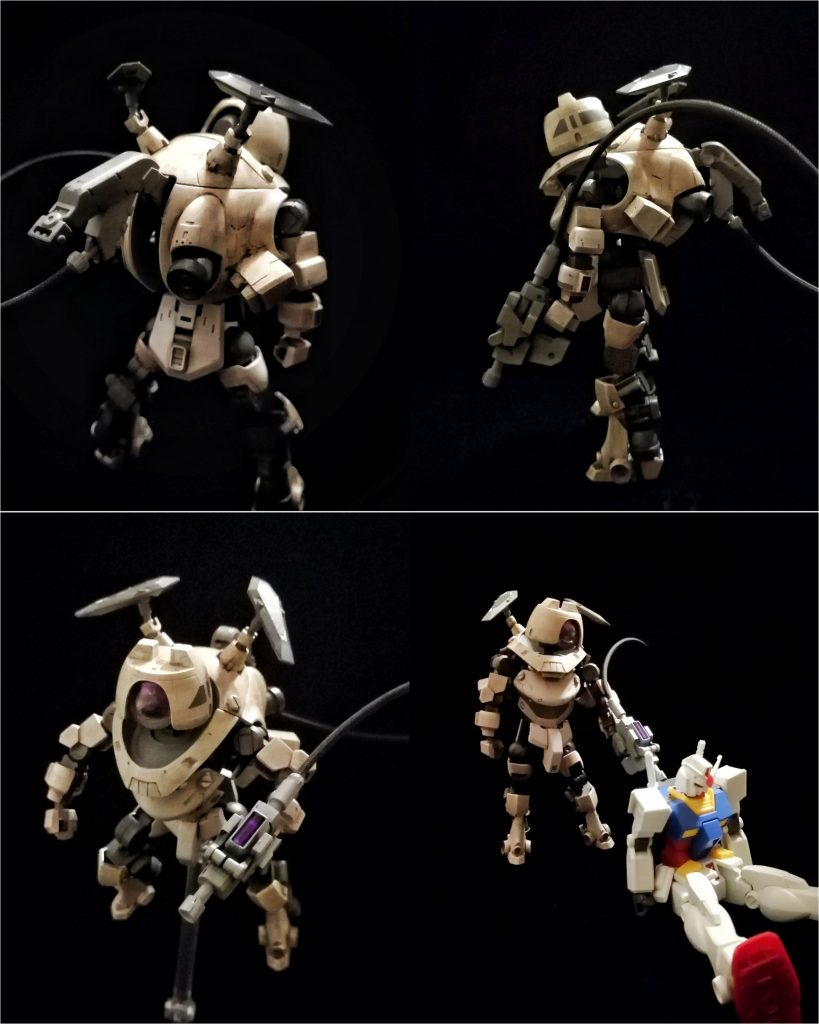 また、背部の装甲内にエネルギータンクを内蔵、ノズルとホースリールを展開することで、僚機へのエネルギー補給が可能です。当機が小型で軽装であるのも、極力エネルギー消費を抑え僚機への供給を行うためです。