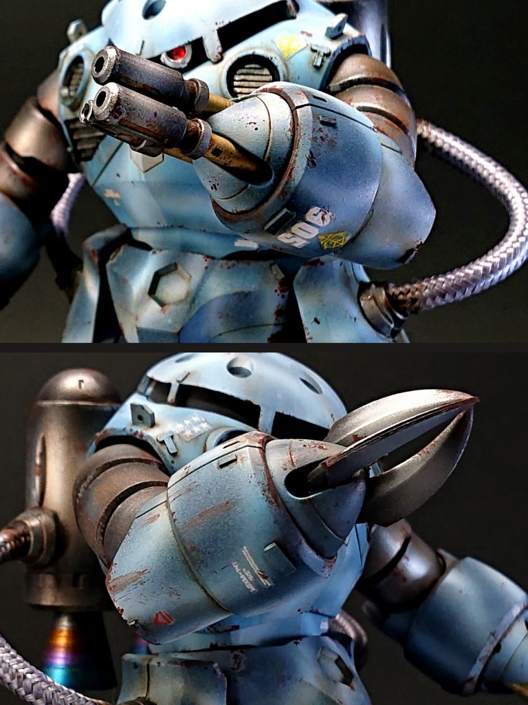 左腕は大型メガ粒子砲2門と、マシンガン1門を追加で装備。ジャンクのゾイドブロックスから砲身と、ザクマシンガンのバレルをプラ棒で接続しました。右腕もアイアンネイルをシャープ化。ジャブロー攻略作戦の後、シャアに影響を受けた兵士が、敵MSを刺し貫く戦法を会得していたら…。そんな妄想で、左腕とは異なる錆び方をしています。