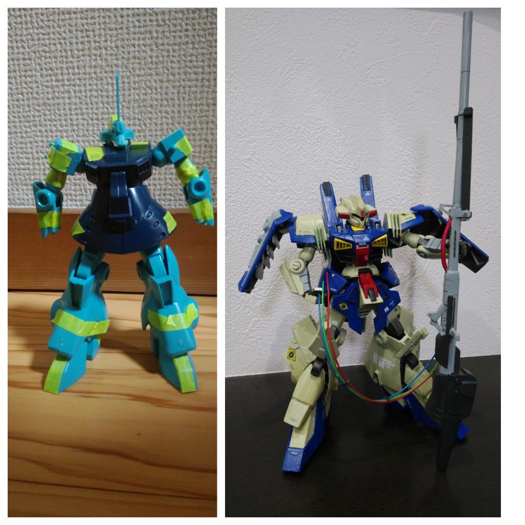 ビフォー、アフター。はじめはザクⅡから旧ザクを作るみたいなノリで製作スタート。同じディジェと名が付くならそこまで違いは無かろうと……