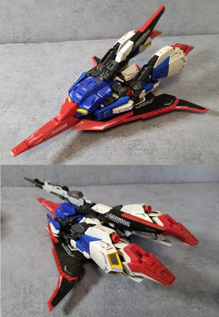 純粋に配色とシールなどの外見面だけの変更なのでＲＧの変形はそのまますることが出来ます。変形はこのキットの楽しみの一つなので説明書のまま製作を行っています。ねらったわけではないでのですがウェーブライダーは結果として青の面積は大幅に増え、赤→青→白の流れで色が続く形となりました。