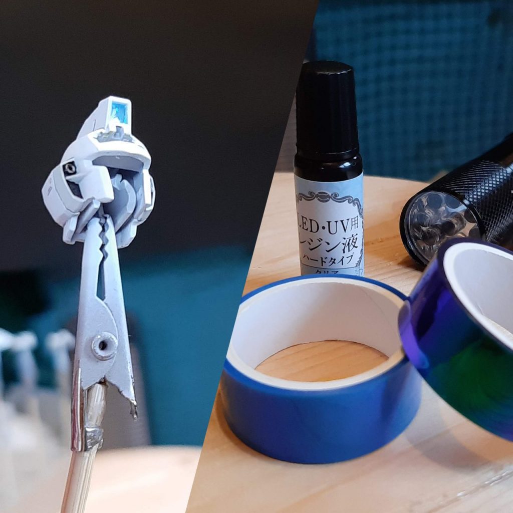 上でも書いたセンサーカメラのレンズっぽい加工。ダイソーのホログラムテープ4本セットとUVレジン液、UVライトでできるお金のあまりかからない加工です。オススメ