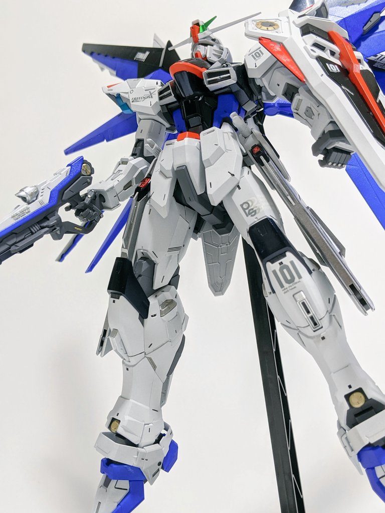 デカールを紛失してしまったため急遽公式のMGフリーダム用デカールを購入しましたが、付属していたものとは違ったためオリジナル配置になっています。