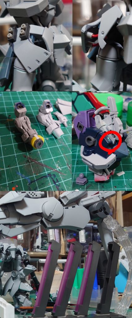 今回は今出来る事に加えて、主に百均素材を使ってお手軽にディテールアップできないかが自分のテーマでした各所のディテールは百均のビーズ、ブロック、針金、スタッズ等が材料です腕についてるリング状のパーツも、実は百均の接着剤のフタを止めてるリングです各所のセンサー的なものは熱したマイナスドライバーで作った凹モールドにラピーテープ&レジンランチャー発射台のエネルギータンクも百均のストロー、ケーブルはイヤホン、等々他にもアチコチに仕込んでます単体で見るとイマイチなディテールもどきも、数付ける事でそれなりに見えるなと良い勉強になりました