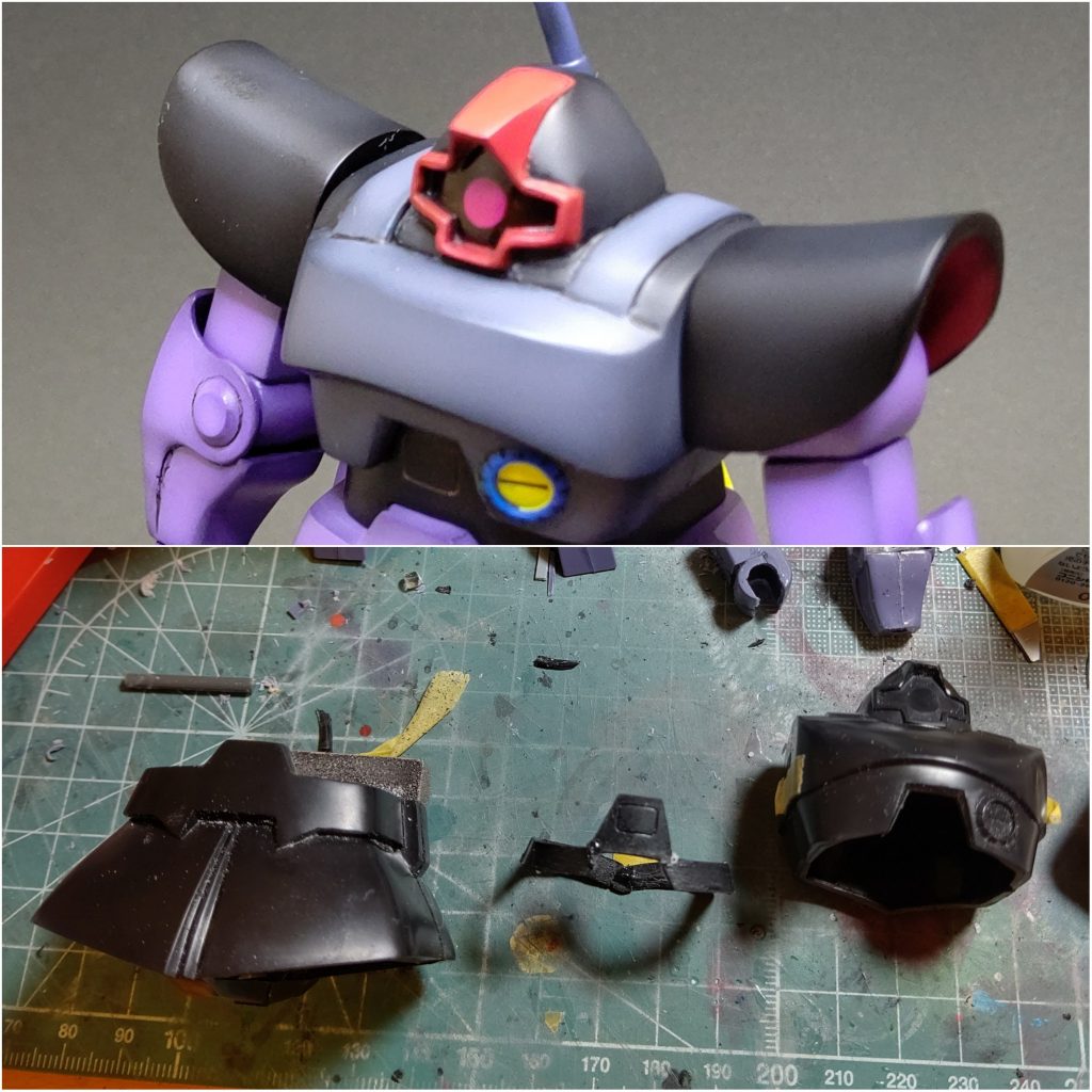 胴体の形状はキットのままでも悪くはないのですが、ややメリハリに欠けると思ったので肩を定番のハの字カット。上下三分割して胸板を厚く、腹部は幅詰め、胸パーツと腰のベルト部分も削り込んでウェストが締まった感じにしました。顔の赤い部分もちょっと平たいので高さを増してあります。