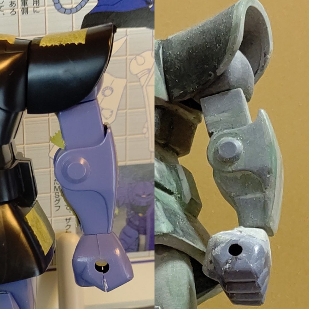 腕部肩アーマー大型化、ヒジ関節の位置を調整。下腕は切り込みを入れてプラ板を挟んで手首が内側を向くように。エポパテで形状変更して曲線を強調して設定画のようにマッチョな感じに。