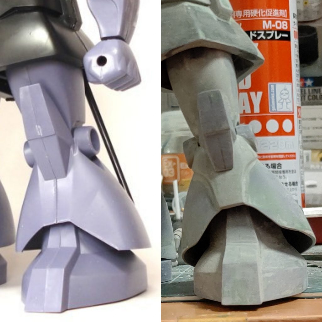 脚部は、太ももが角張っていたのでパテでボリューム増しつつ角は裏打ちして削り込みして丸くしました。ヒザアーマー小型化、スネの形状をエポパテで設定どおりに。裾のラインもプラ板で変更。