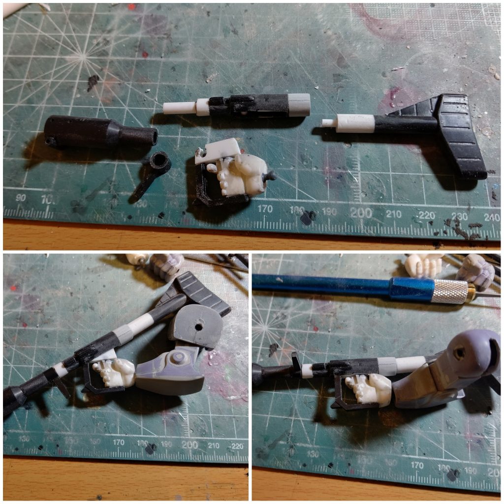 バズーカはプラパイプで延長。補強にもプラパイプを通して、それを軸にサブグリップが回転。グリップは肩に担げるように可動にしてあります。