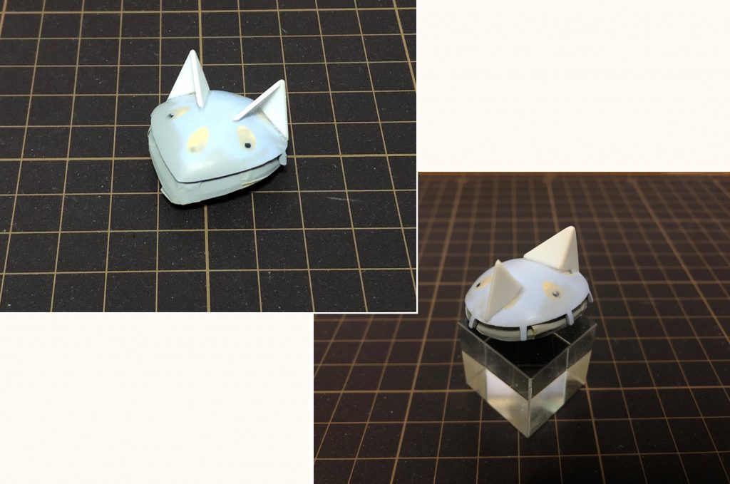 猫耳はプラ板で頭は曲線なのでプラ板の直線をどう乗せるかなーって悩んでいたのですが結局、接着剤とUVレジンで強引につけあわせました。あとは丁寧にやすりかけ