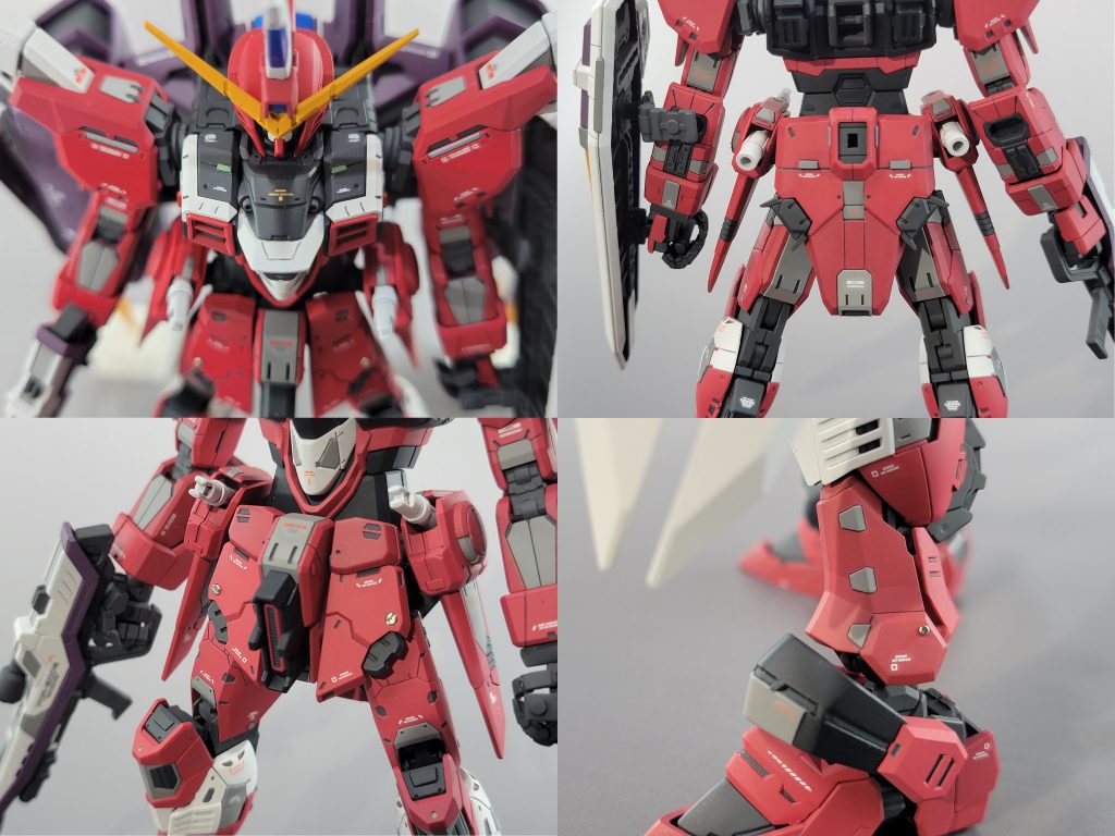 左上：胸部のモールド、プラチップ追加箇所右上：リアスカートのモールド、プラチップ追加箇所左下：フロントスカートのメタルパーツ取付箇所右下：脚部のメタルパーツ取付箇所