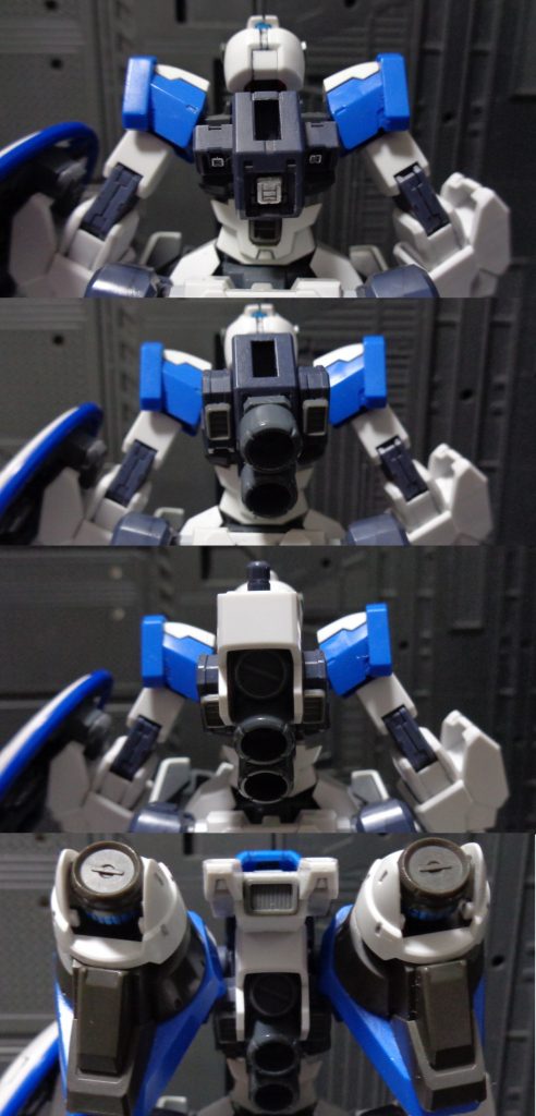 こだわりポイント２つ目　本体バックパックはメルクワンウェポンズに入っていたものです。　それに追加パーツを付けることでスラスター２つに拡張。この状態はわたしが一番かっこいいと思うバックパック一位のジムスナイパーⅡモチーフでお気に入りです。　さらに３ミリ棒付きのアタッチメントを付けて、上からツインドライヴユニットを装着、という形になっています。