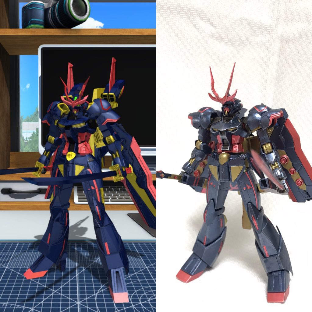 こちらがガンダムブレイカーモバイルの俺ガンプラとの比較写真です。完全再現とは行きませんでしたが、リアルの方はオリジナル要素やブンドドが捗る設定・改造を施せたので個人的には思い入れのある作品に仕上がりました‼️(ちなみにブンドドしすぎてタクティカルアームズの持ち手の根元が折れたのはここだけの話)