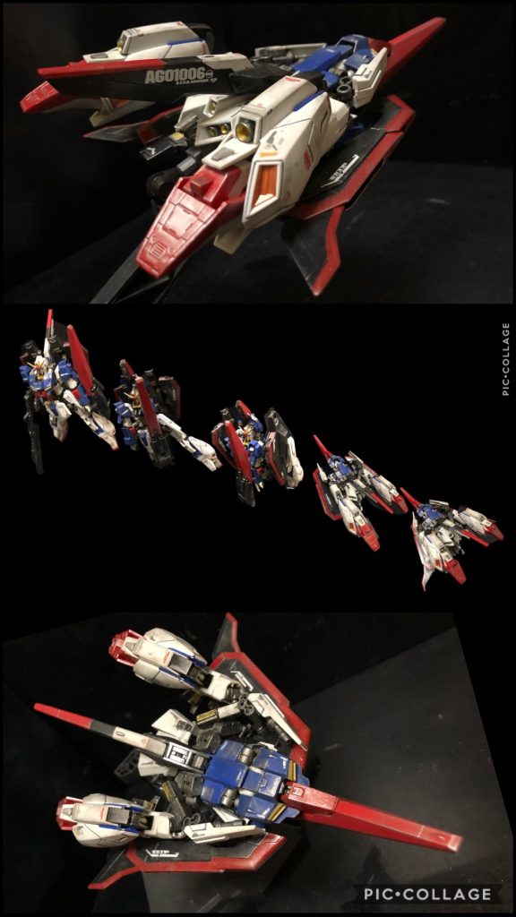 カミーユ「イヤ、室長さん！早い！！早いですよっ！！よくわかりません！！」oyz「フフフ...。0.5秒だからね...。では、各パーツの可変をチェックしていこう！」① 胸部の変形実は首の収納、実は今回は再現してません。胸部アーマーの可動部が二重関節になっているので、首をくぐってからスペースを縮めます。空いてしまう頭部裏は追加装甲が出てきて、カバーします。コクピット基部も二重関節です。アンテナは脱着式。MS時にどうしてもカッコ悪くなるので。そこだけは着脱させて。② 腕の変形劇中では内側に90度可動するだけですが、内部にムダなスペースが出来てしまうので、腕部の基部接続穴をL字型にカット。内側に90度可動させた後、機体内部側に基部を移動、コレでは安定しないので、腕側に仕込んだ鉄のプレートと本体内部のマグネットで可変時の剛性を保つ様にしてます。