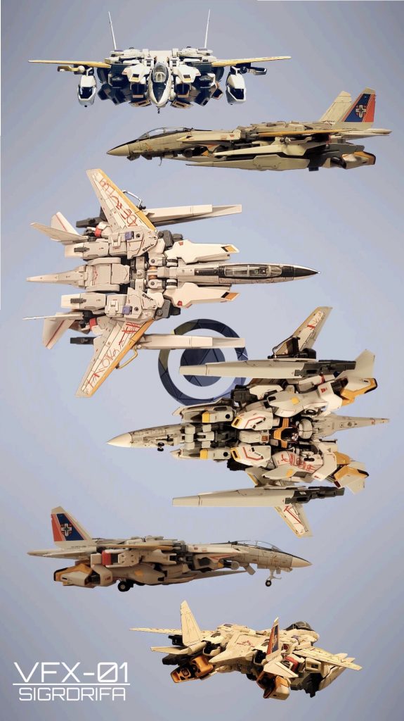 ファイター形態6面ショットです。前作と比べると情報量が増えだいぶごちゃごちゃしてますが、シルエットは良くなっているのではないかと思いたい。。機首から主翼にかけてのデザインは「F14」、そこから後部にかけては「Su-57」を参考にしました。気をつけた点は全体の密着感と厚みとサイズです。今回パーツを増設する方向だったので厚みとサイズが変わらないようにするのが大変でしたがなんとかまとまりました。機体全体の改良として「プラ板でのスキマ埋め」をしています。主翼上にもパーツを追加し主翼付け根のまとまり感アップを狙ってみました。武装は「F14」のパイロンに1mm真鍮線を付けたものを主翼に装着した事で装備できるようになりました。武装詳細は後述致しますが、シグルドリーヴァはファイター形態の主翼位置が高翼であることから大型兵装を搭載してみました。実際の高翼機もメリットとして「大型兵装の運用が可能」というものがあるようで、それに従ってみました。