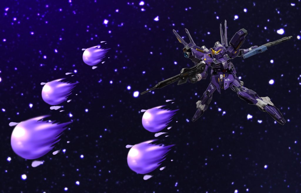 クロスチャージ先に撃ち出したグラビトンクラスタにさらにビームライフルを当てると弾が分裂して散弾になる弾道が予測不能かつ防御が困難であるゆえ極めて強力な武器になるしかし、分裂した散弾は自機方向に飛ぶ可能性もあるため近距離でグラビトン弾を分裂させてはならない