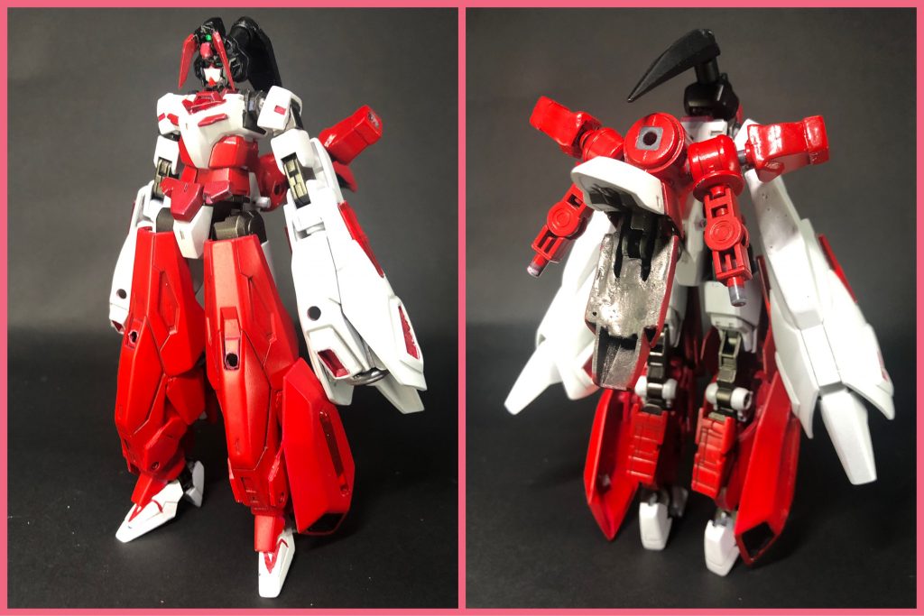 レッカガンダム・オロチマルレッカとオロチマルが合体した形態。モチーフは巫女さん。髪型はポニーテール。長髪も似合うでしょうが、ここはあえてのポニーテール！他のアーマーとは異なり、動物である蛇としての特徴は残念ながら引き継いでいない。大型の腕部から様々な属性の術を発射する中〜遠距離攻撃型。炎は矢の形にして飛ばすことが多い。巫女装束の袖に見立てたその腕部は、掌の炎エネルギー放出の強化・エネルギーの性質変化などの効果により様々な術を使用可能とする。(例としては冷気属性を持つ氷の矢や、敵を魅了する誘惑の矢など。)巫女型のアーマーにしたので、上半身は白、下半身は赤というのが確定。コアガンダム本体の配色も他アーマーで違和感が出ないようにする事も考えつつ、巫女アーマーに最も合うように配色しています。