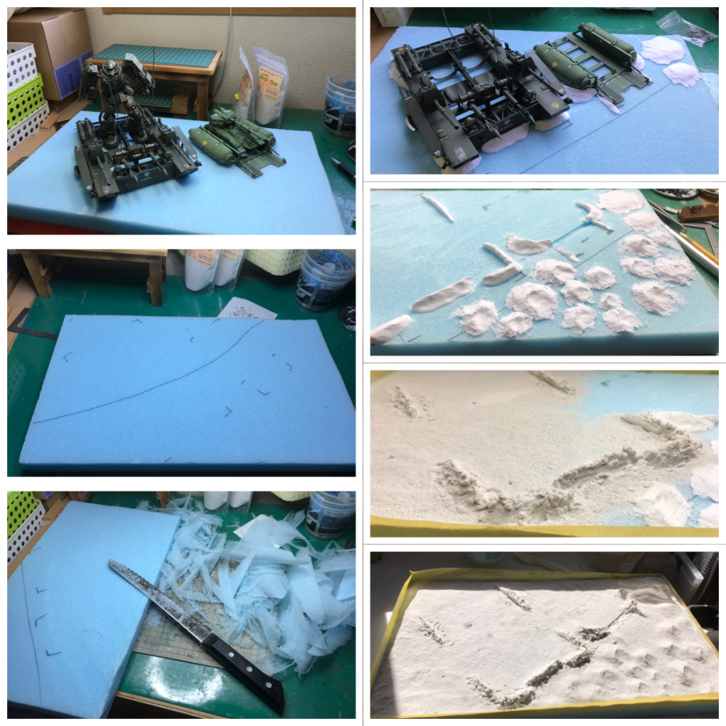 ウレタンフォーム使用レイアウト→カット→軽量粘土盛り付けサンド散布