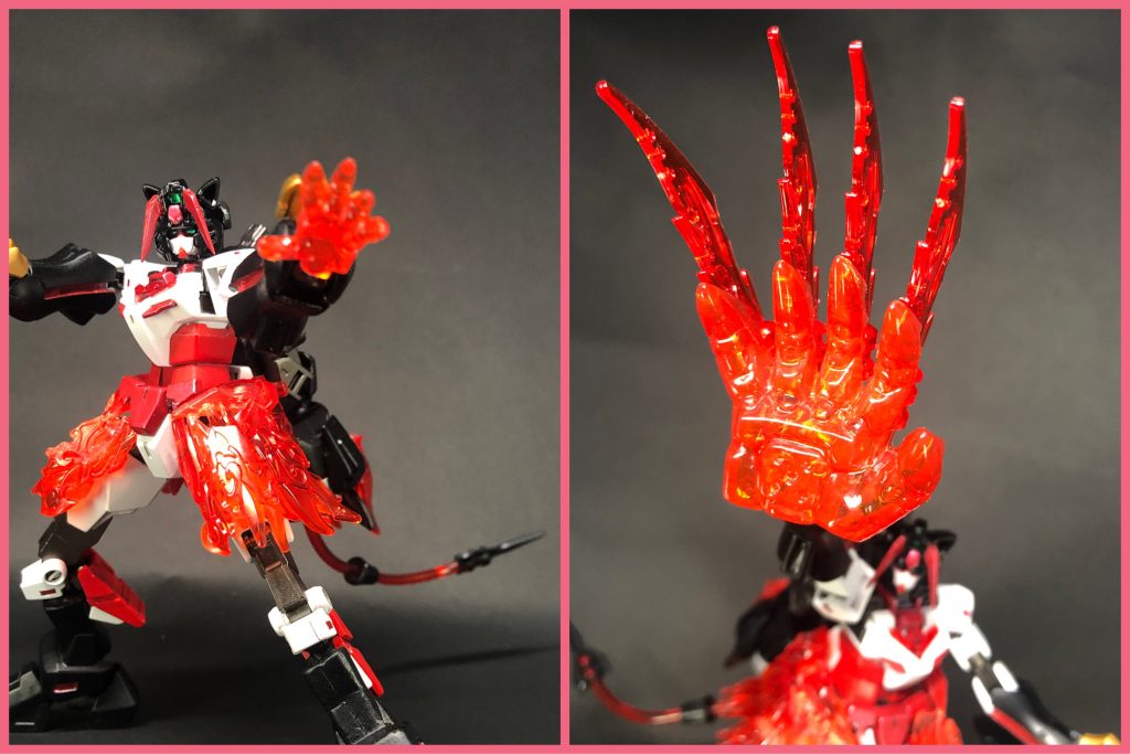 スカートはタテガミ同様に炎エネルギーで形成されており、防御力も高い。必殺技は、オーガモード時の火遁・爆炎爪を大幅に強化させた『火遁・獣心爆炎爪』。