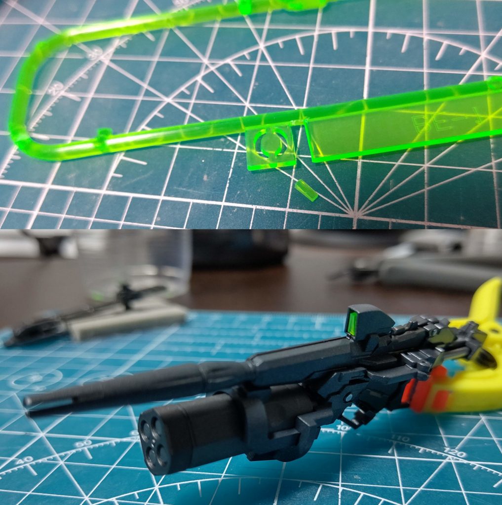 加工らしい加工はビームライフルのセンサーくらい。MGサザビーVer.Kaのビームエフェクトランナーから一部切り出して、センサーの形に成形しました。これも蛍光色なのでUVライトでよく光ってくれます。