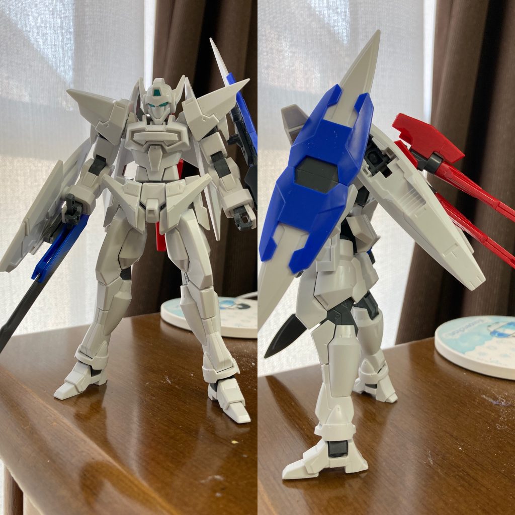 塗装前の状態。Gバウンサー以外の使用パーツは・1/100アストレアのGNソード(一部)・1/100エクシアのスカートアーマー・HGダブルオーライザーのシールド(分離して剣にもなるやつです)・HGリボーンズガンダムのフィンファングです。