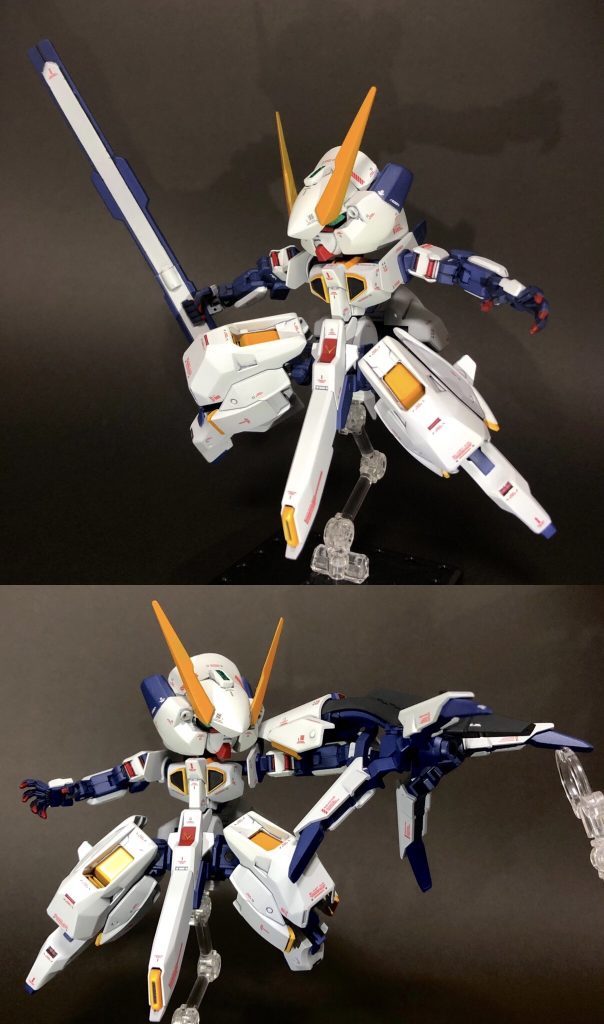 コンポジット・ソードSDと言えばオリジナルギミック!3Dプリンターで持ち手を作りました。通常状態よりもこちらの方が近接武器に近づけたと思います。コンポジット・クロー・ライフルこちらもオリジナルギミックです。3Dプリンターでクローに角度が付くように接続パーツを作りました。近接戦で敵機を鹵獲・拘束したり物理的に攻撃したり、クローの間からビームライフルが撃てます。掴んで撃つ!とにかく男の子はこう言うのが好き!!