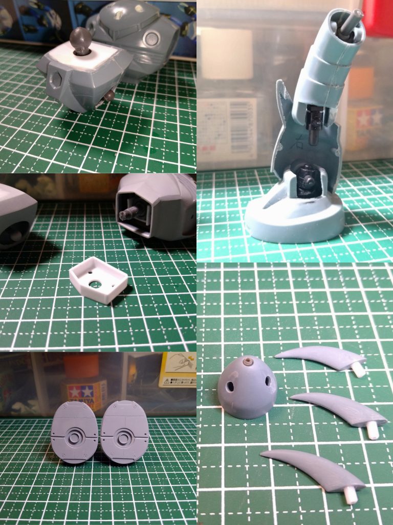 腰部は切断してボールジョイント仕込みました。その他の関節も全てボールジョイントまたはポリキャップに変更してます。爪を後ハメ加工してメガ粒子砲はそれっぽい別パーツを埋め込みました。