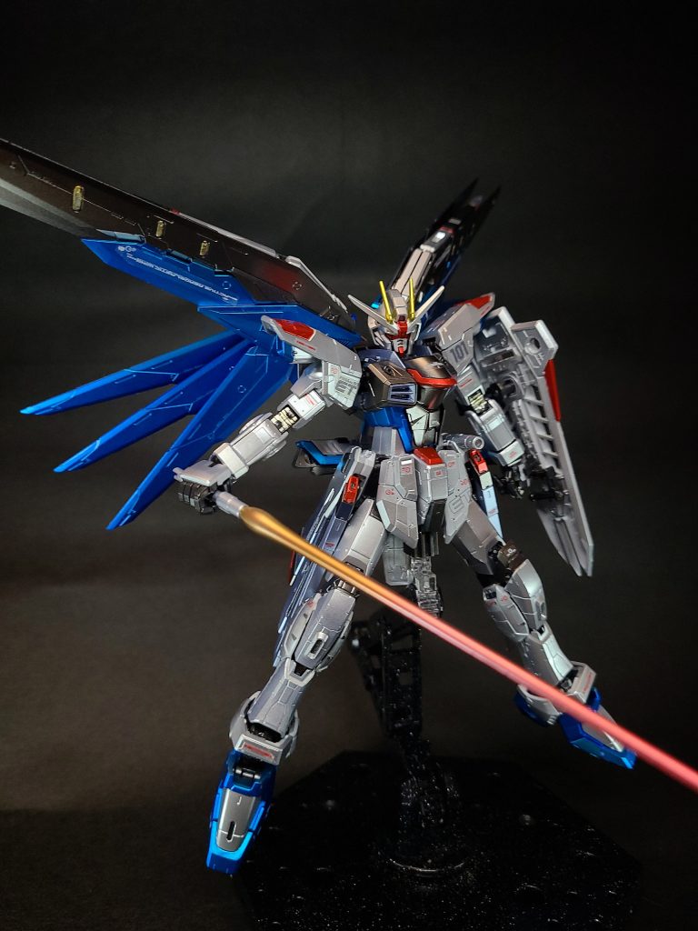 頭部「G兵器ショック」の強さ故か、これまでのザフト製モビルスーツの意匠を脱し、G兵器のものに酷似した頭部[38]。敵機の位置を正確に捉え戦況把握を的確に行うための高性能なメインカメラやセンサーを備えており[31]、これによりマルチロックオンシステムの使用を可能にしている[21]。額には10号機であることを表す「DIECI」（ディエチ）というイタリア語表記がある[37]。側頭部両側に各1機ずつの機関砲「MMI-GAU2 ピクウス76mm近接防御機関砲」を備え、弾倉も頭部に内蔵していると思われる胸部上面にコックピットハッチを備える構造等にジャスティスとの共通性があるが、全体的にはフリーダム専用の設計である[38]。エアインテーク・ダクト上部にはデュアルセンサーを備える[48]。核エンジンは腹部に内蔵しNジャマーキャンセラーを腰部に[21]設置することで、この装置が作り出す効果範囲内に動力炉を収めている腰部左右を守る装甲は「ウエストガード/クスィフィアス・バインダー」と呼ばれる部位であり、左右それぞれ1機ずつの「MMI-M15 クスィフィアスレール砲」を装備している。この部位の上部分には、左右で計2本の「MA-M01 ラケルタ・ビームサーベル」を携行しており、マニピュレーターに位置が近いため円滑な使用が可能であった。腰部後面を守る装甲には「腰部ライフルマウントラッチ」が備えられており、この部分に「MA-M20 ルプス・ビームライフル」を据え付けて携行することもできる