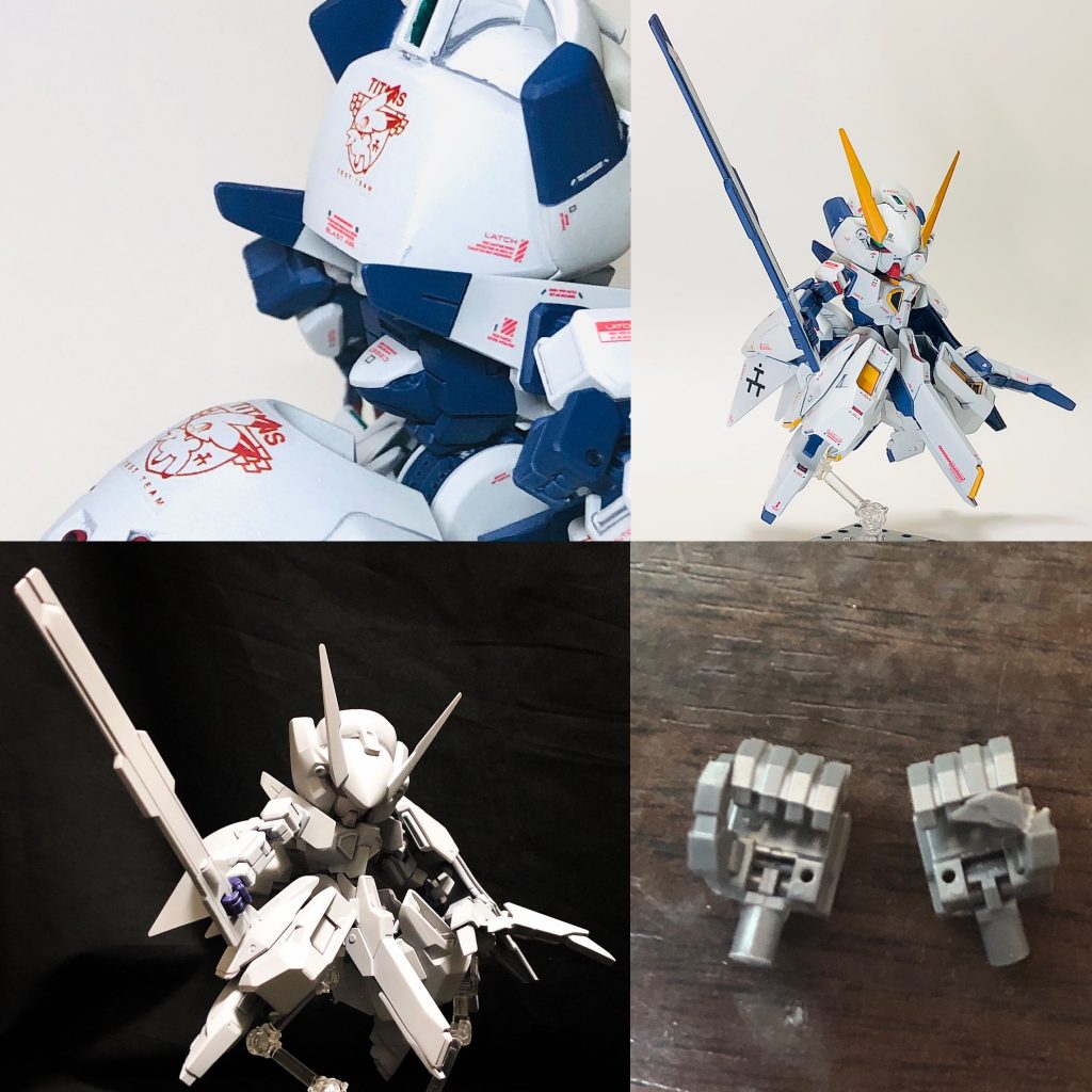 T3部隊のロゴとウーンドウォートの機体ロゴはイラストレーターにて画像を作ってハイキューパーツの自作用デカールシールに印刷しました、機体ロゴは単色にしました(細かく作り込めなかった為)コトブキヤのハンドパーツを用意しましたが、武器保持用のハンドパーツの親指の角度が気に入らなかったので修正。(左修正前・右修正後)サフ吹き後の写真です、ちょっとドヤれる時ですよね!奥さんに撮影を手伝ってもらいました、奥さんがカッコよく撮ってくれた1枚です。本当はもっと載せたかった…。休日に模活時間を沢山くれてありがとう!!無事完成できたのも奥さんのお陰です!