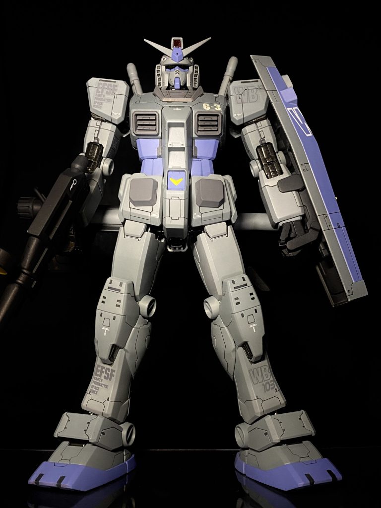 正面ショット。カラーリングはグレー×パープルのオーソドックスなタイプ。グレー部は白に近い設定もよくありますが、私の中のG3のイメージは暗めのグレーなので、ロービジな感じに。