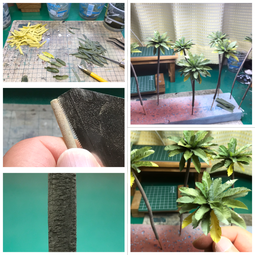 ヤシの木拾った木の枝にキズを付け、トレーシングペーパーで作った葉っぱを接着