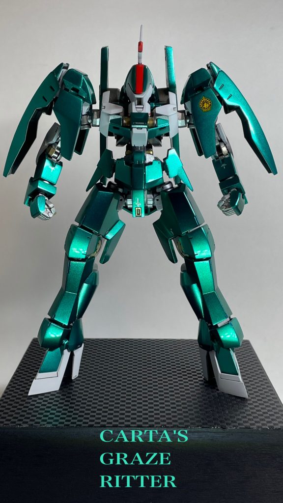 宇宙用の太腿も塗ったけど緑成分多すぎな気もしたので地上用のが好みです(^^)(背中のバインダーは本来は宇宙用にしか付いていないけど、折角なので地上用の時も装備)アニメではカルタは残念な終わり方をしてしまいましたが機体は好きなので、もうちょい強くて活躍できたら…という期待も込めて設定よりもパーソナルな感じにしてみました(^^)最後までご覧いただきありがとうございましたm(_ _)m