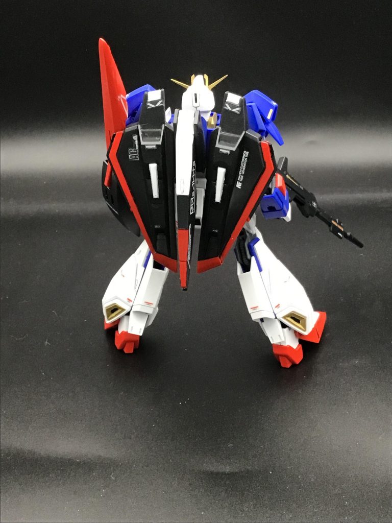 前後から。デカール類は以前組んだSガンダムの物の余りや、RGの物を使用。頭部はRGの物に取り替えてます。