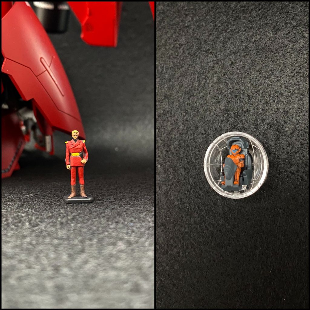 シャアのフィギュアも塗装。それっぽく塗ればしっかり誰かわかる造形は本当に凄い。今回もエナメルで筆塗りしてからトップコートで仕上げ。