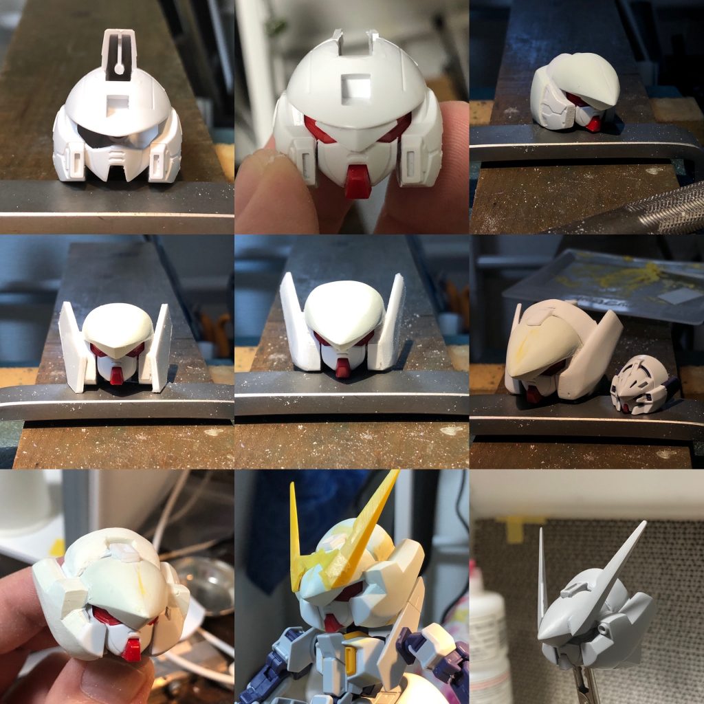 頭の改造です(左上から右下に向かって)1番時間がかかった所です。トライバーニングの顔は結構イケメンだったので、ヘルメットの改造のみです。パテとプラ板を使ってスクラッチしました、完全にウーンドウォートになっている訳ではありませんが、自分の出来ることを出し切れたとおもいます。
