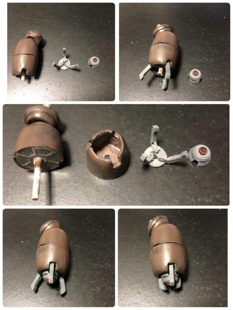 コメントで指の伸縮に関して質問頂いたので画像差し替えました。腕の中が空洞でシャフトに可動する指を通してから蓋してあります。シャフト上を指が動いて伸縮する構造です。