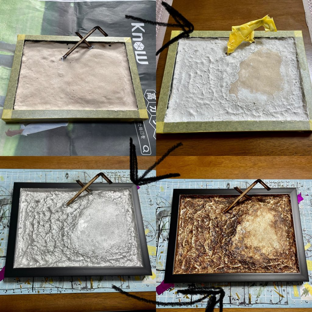 台座はダイソーのフォトフレームを使ってます。木粉粘土盛る、シーナリープラスター盛る、シルバー塗装、油彩のバーントアンバーで汚しています。 