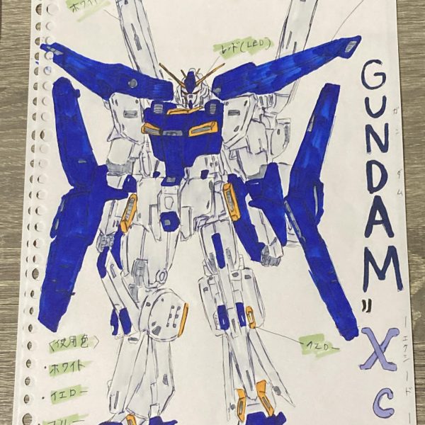 MGダブルゼータガンダムをモデルとして自作ガンプラを作るにあたって、設計図を手描きでざっと制作してみました。目の部分はLEDで赤く光らせます。ガンダムの名前は【ガンダム Xc. 】（エクシード）ですかね！（1枚目）